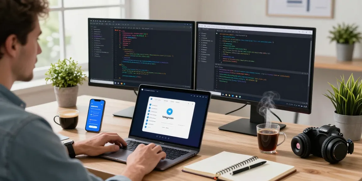 Explore Telegram中文版 app features in a modern tech workspace with dual monitors and a stylish setup.