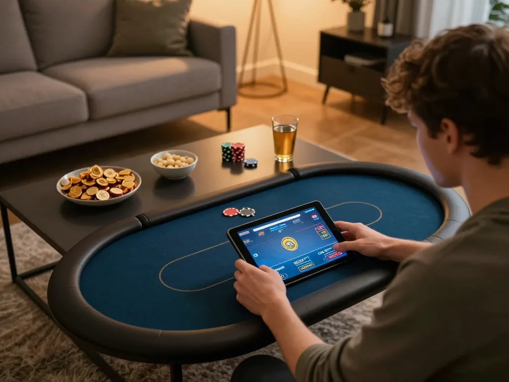 Engaging in live online poker gameplay at Trang Chủ RR88, showcasing an immersive home experience.