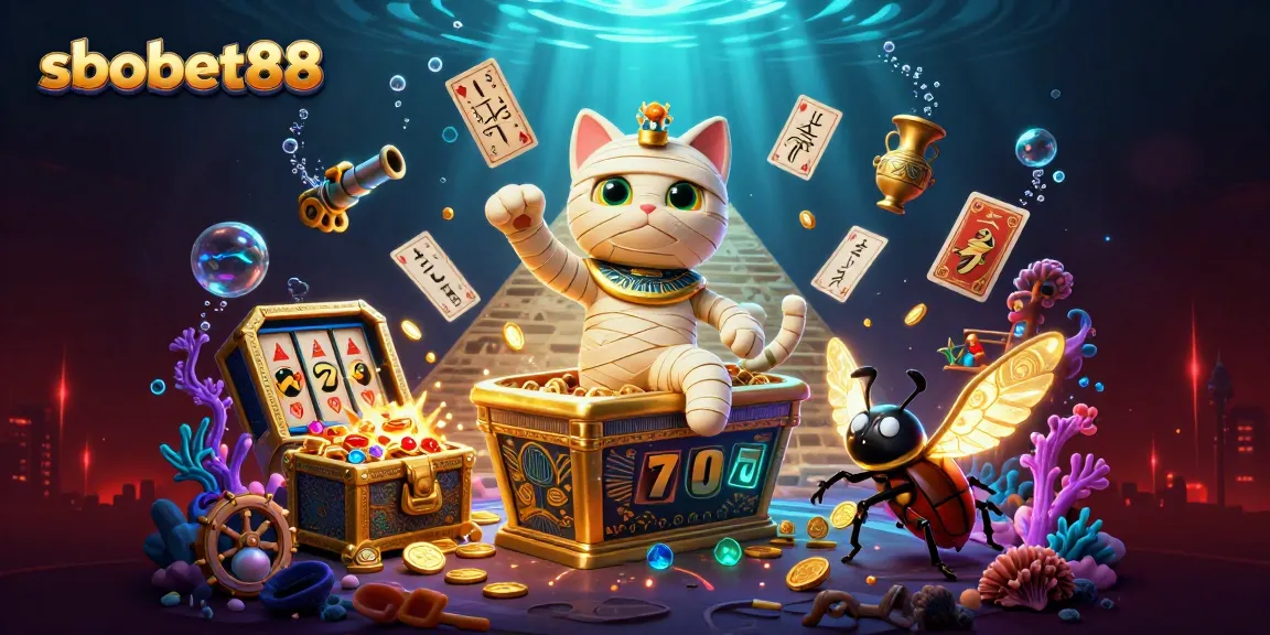Experience the thrill of sbobet88 with a dynamic casino scene of a mummy cat and treasures.