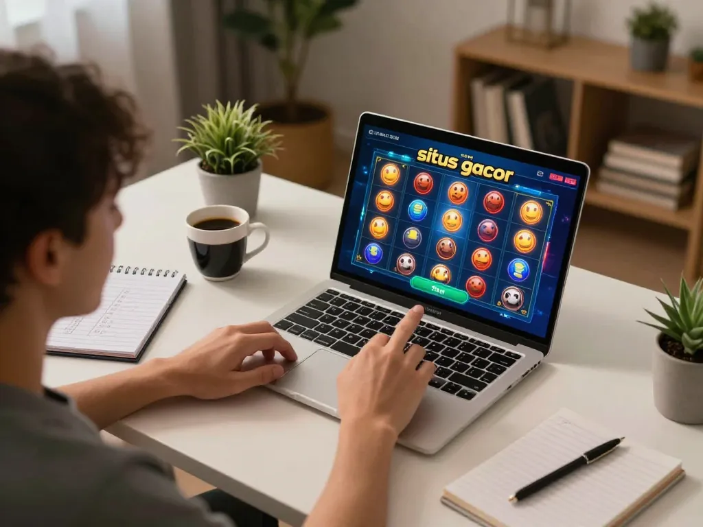 Engaged player enjoying situs gacor slot game on laptop at home with strategic notes.