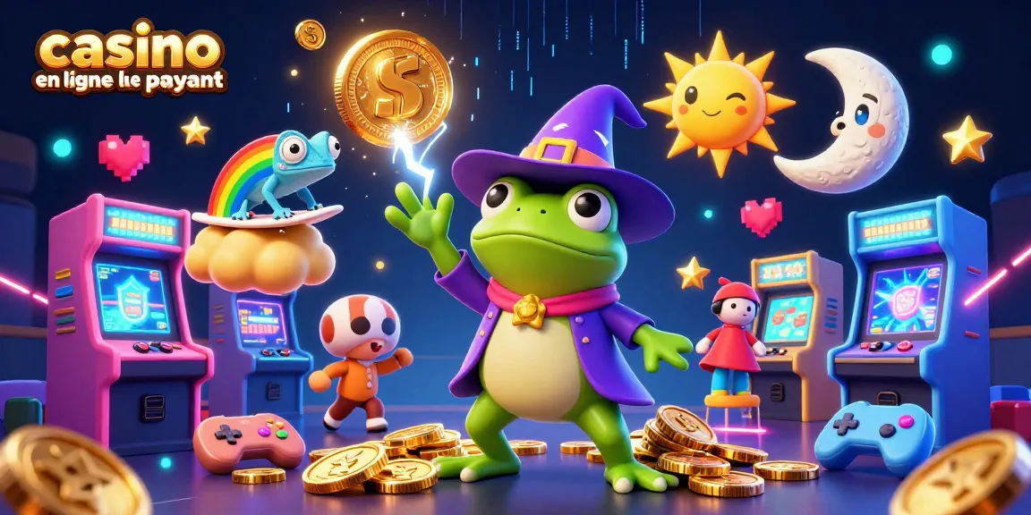 Illustration engageante représentant un casino en ligne le plus payant avec une grenouille sorcière, un caméléon et des éléments de jeu.