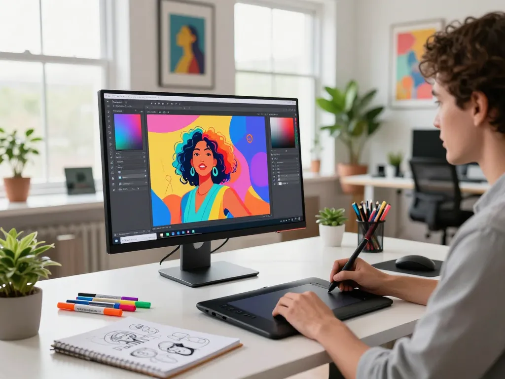 Designer creating with Nano Banana 2 AI image editor in a vibrant workspace.