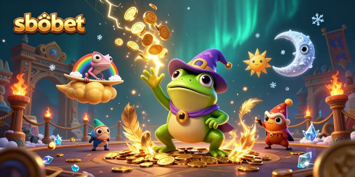 Engage in sbobet betting fun with a vibrant scene depicting a wizard frog and chameleon amidst golden coins.