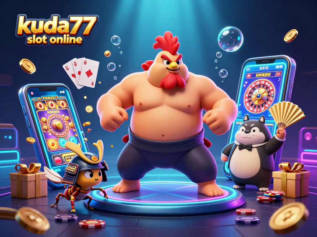 Permainan slot online kuda77 menyajikan karakter ayam sumo dan serangga berani dalam ilustrasi 3D menakjubkan.
