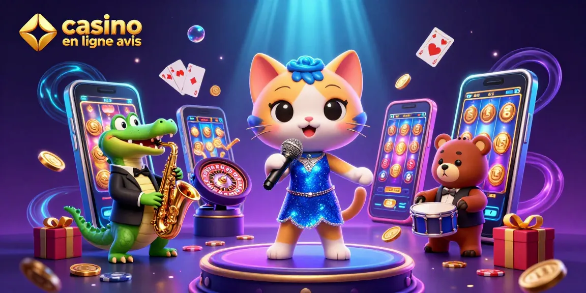 Illustration dynamique d'un chat chanteur et son orchestre dans un casino, mettant en avant des jeux d'argent en ligne avis.