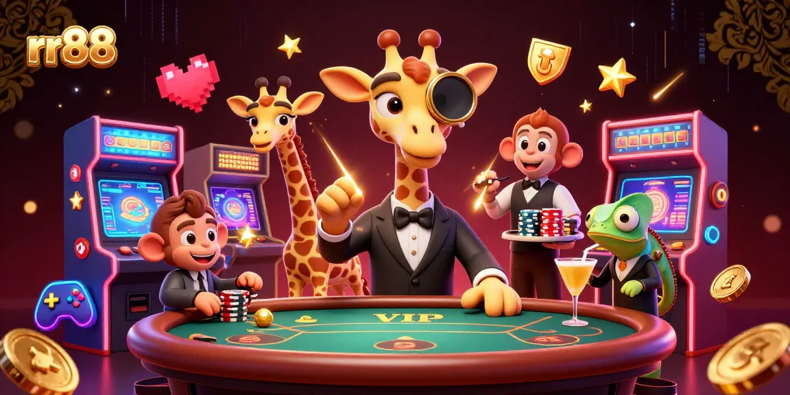 rr88 gaming scene with high-roller giraffe, monkey valet, and chameleon bartender mixing cocktails