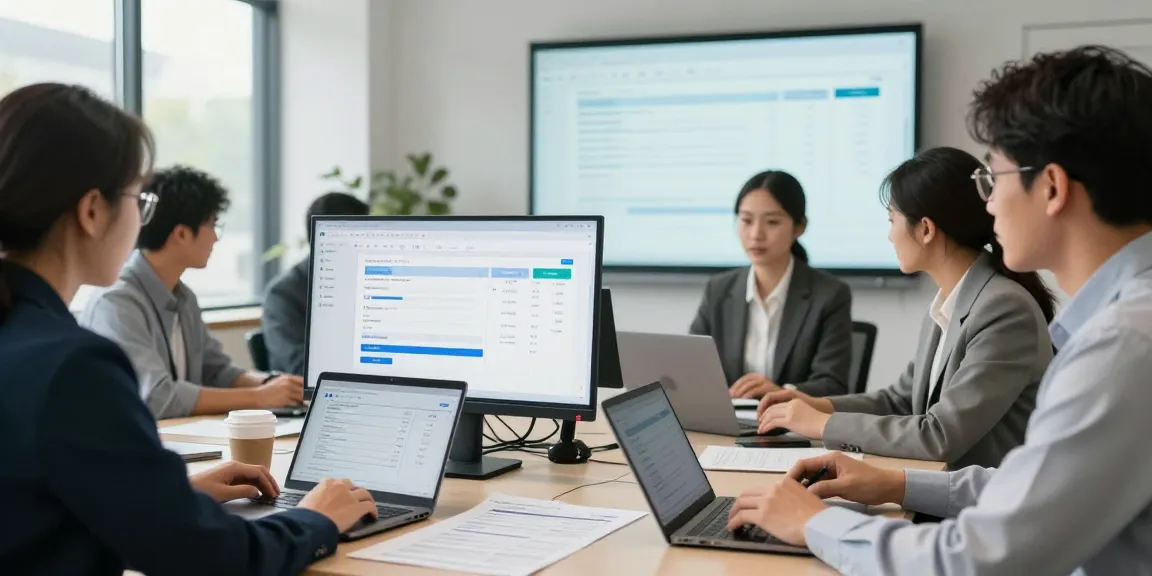 Team using AI technology to detect fake invoices in a modern office.