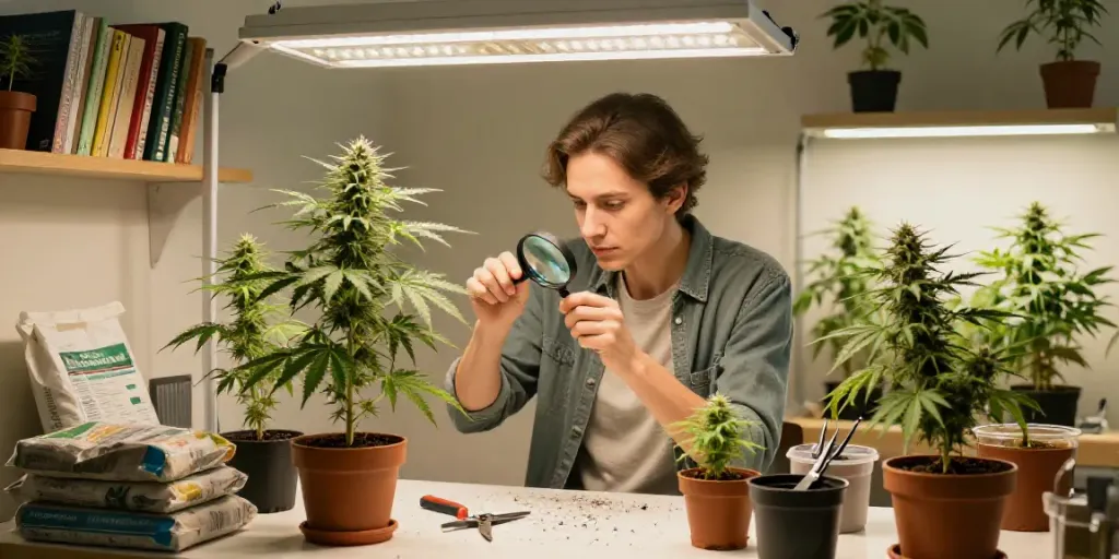 Feminisiert Cannabissamen kaufen: Leidenschaftlicher Züchter mit gesunden Pflanzen in einer hellen Indoor-Grow-Umgebung.