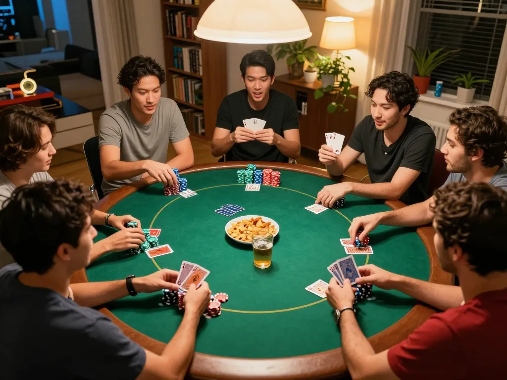 The hidden wiki link highlighted during a home poker night, with friends engaged in strategic gameplay, chips and cards visible.
