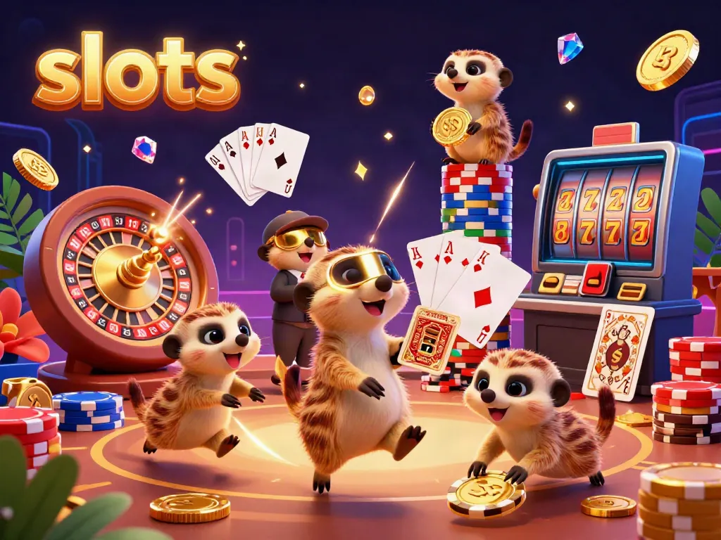 Experience thrilling slots action with meerkats in a colorful casino scene featuring golden coins and slot reels.