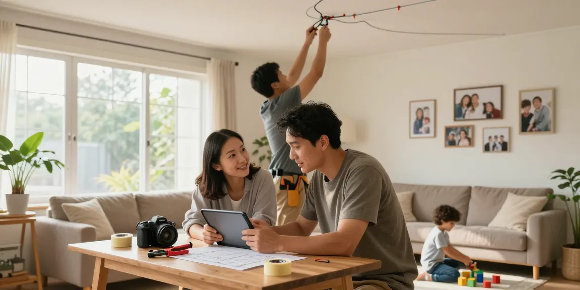 Complete home rewire project with family and professional electrician in a cozy living room.