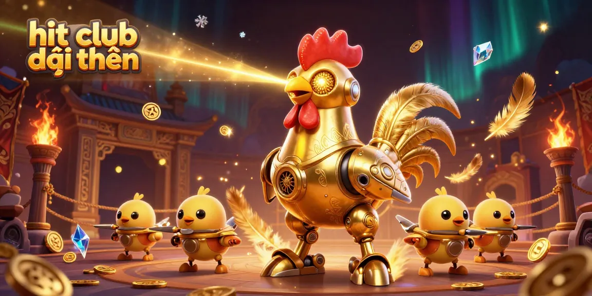 Engage in gaming excitement at hit club đổi thưởng with a dynamic scene featuring a golden rooster robot.