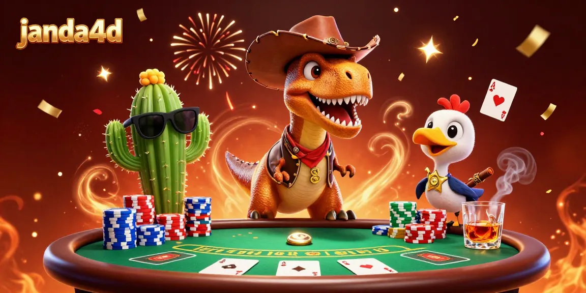 Menggoda pemain dengan janda4d dalam permainan poker yang seru dengan dinosaur koboi dan teman-teman di meja.