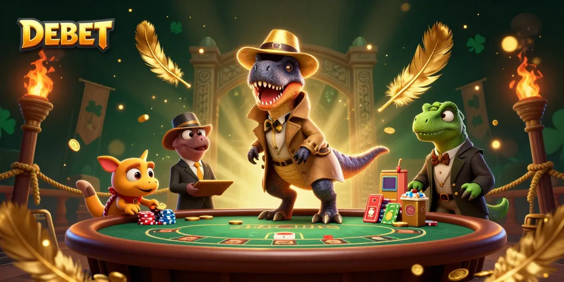 DEBET shows a cartoon velociraptor card counter at a blackjack table surrounded by casino elements and rich detail.