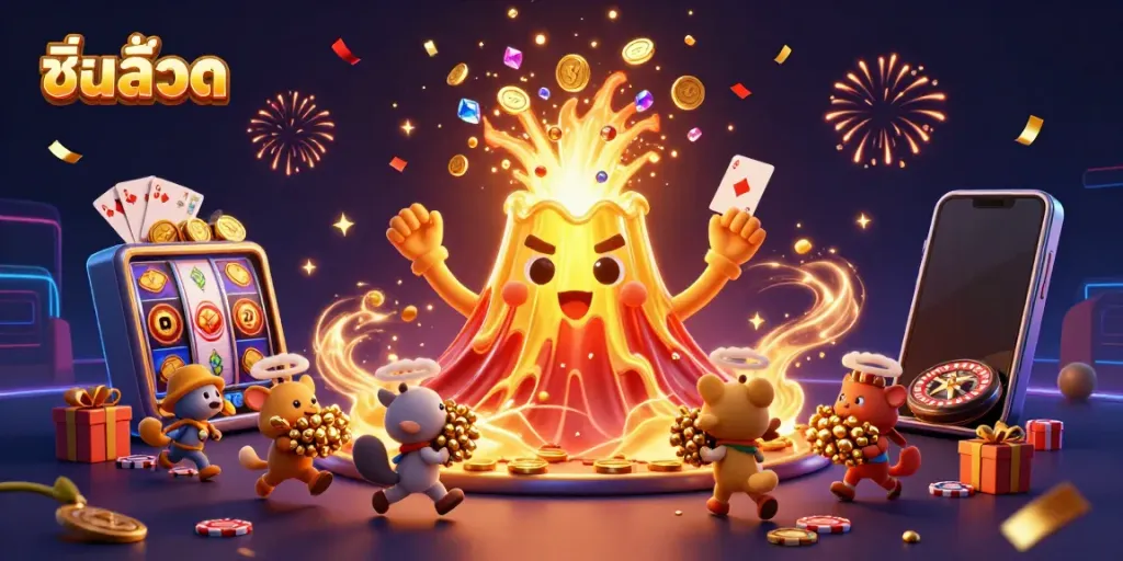 Engage in thrilling casino fun with ชื่อเกมสล็อต, featuring a jubilant volcano and treasures erupting.