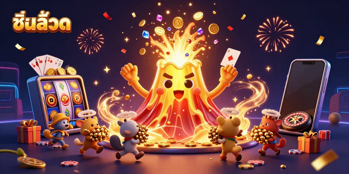 Engage in thrilling casino fun with ชื่อเกมสล็อต, featuring a jubilant volcano and treasures erupting.