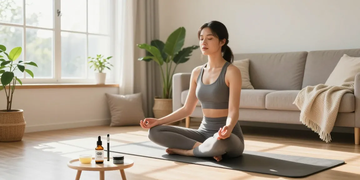 Relajante escena de bienestar en casa con productos de cbd online, yoga y cuidado natural.