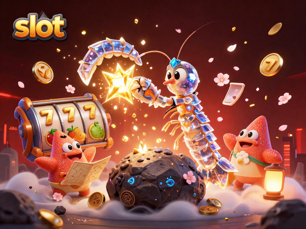Engage with exciting slot dynamics represented by a galactic samurai mantis shrimp amidst golden gems and coins.