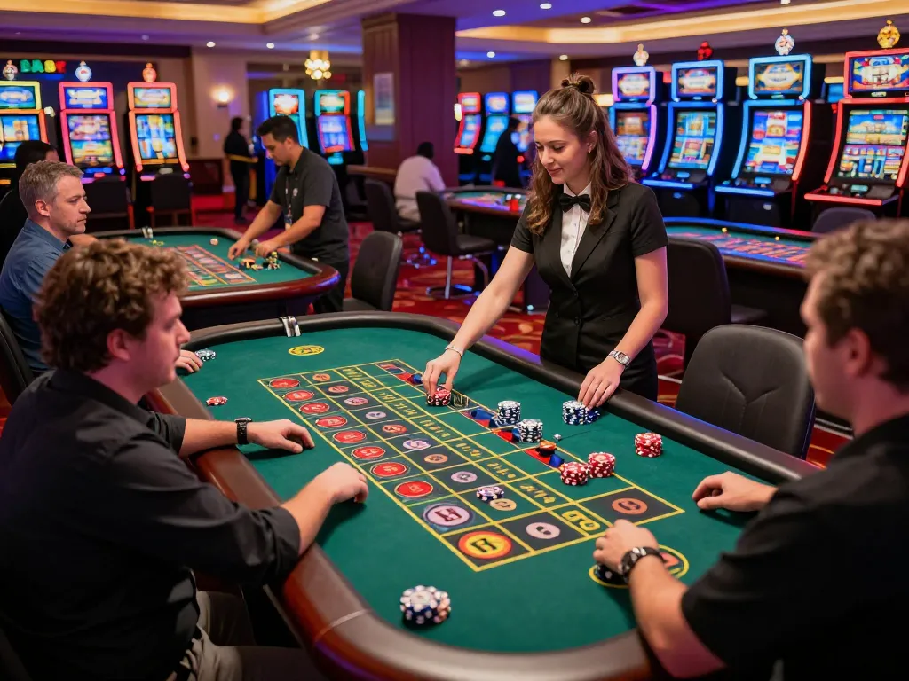 Fun88 players betting on roulette at a vibrant casino with lively ambiance and neon lights