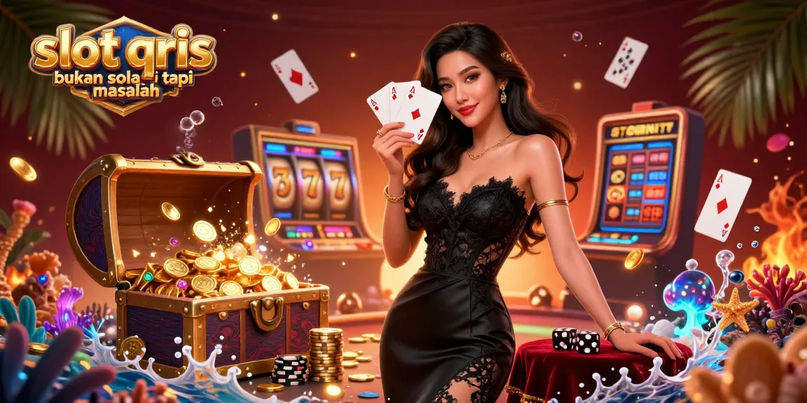 Engaging illustration capturing a woman with ace cards amid slot casino elements, highlighting slot qris bukan solusi tapi masalah.