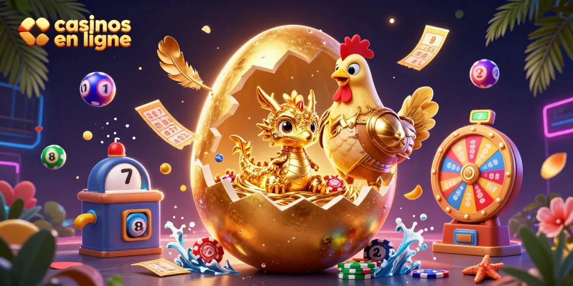 Jouer aux casinos en ligne avec dragons d'or et jetons de poker, illustration colorée et dynamique.