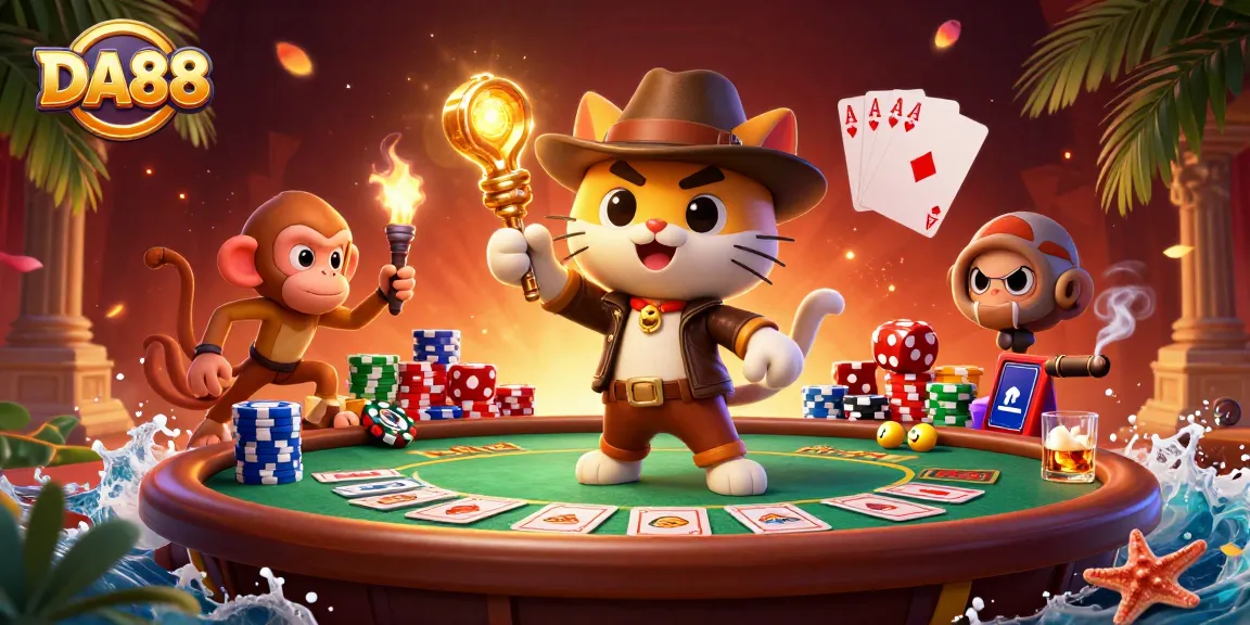 Play poker and win big at DA88 with a cartoon archaeologist cat uncovering treasures in a vibrant casino scene.