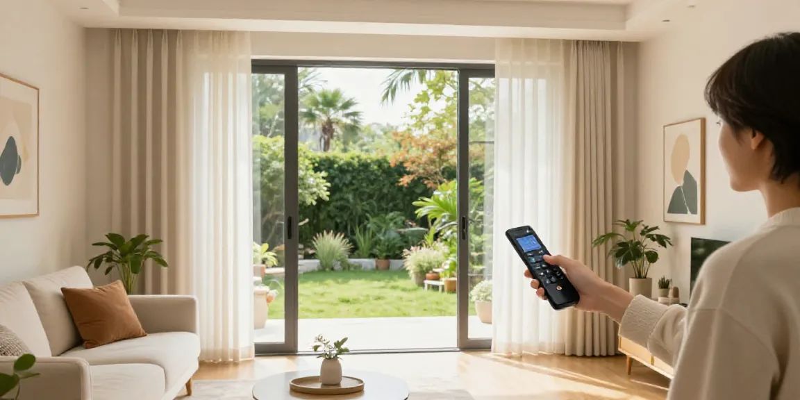 Smart electric curtains enhancing a modern living room ambiance.