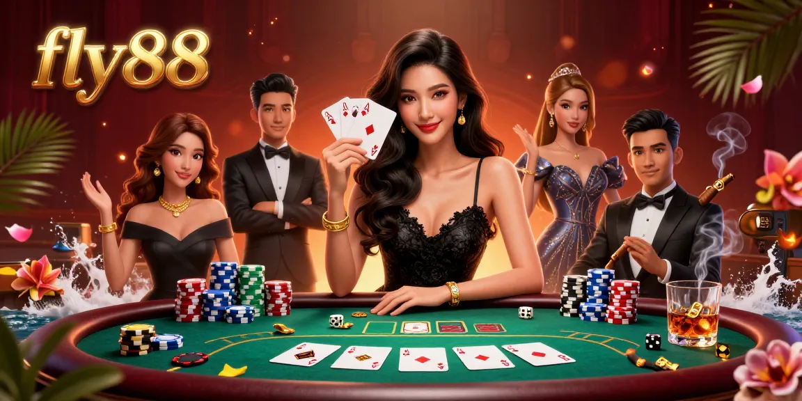 Experience the thrill of play at fly88 with elegant cards and vibrant casino elements in a captivating setting.