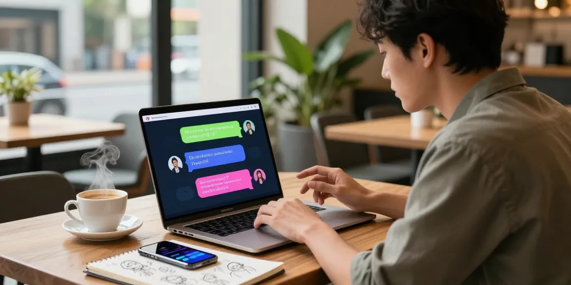Engaged user enjoying ai nsfw chat at modern café, interacting with colorful AI character.