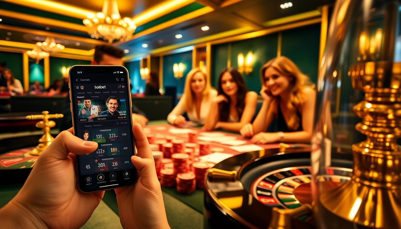 SboBet players strategizing at a luxurious casino poker table with vibrant chips and cards.
