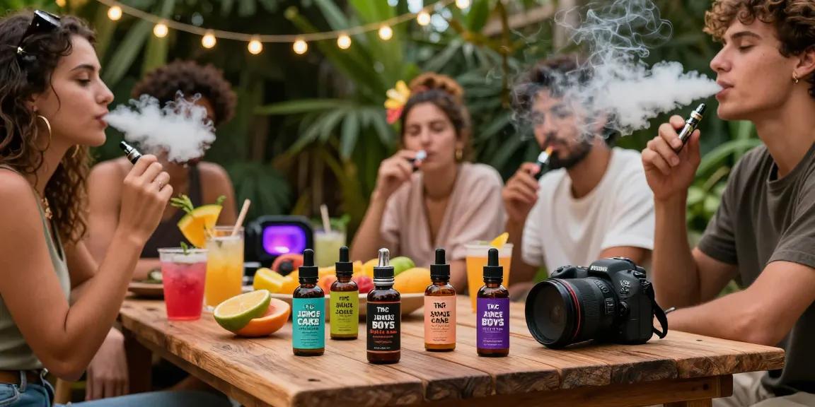 Friends enjoying THC vape Jungle Boys e-liquids at an outdoor gathering, surrounded by greenery and vibrant vape bottles.