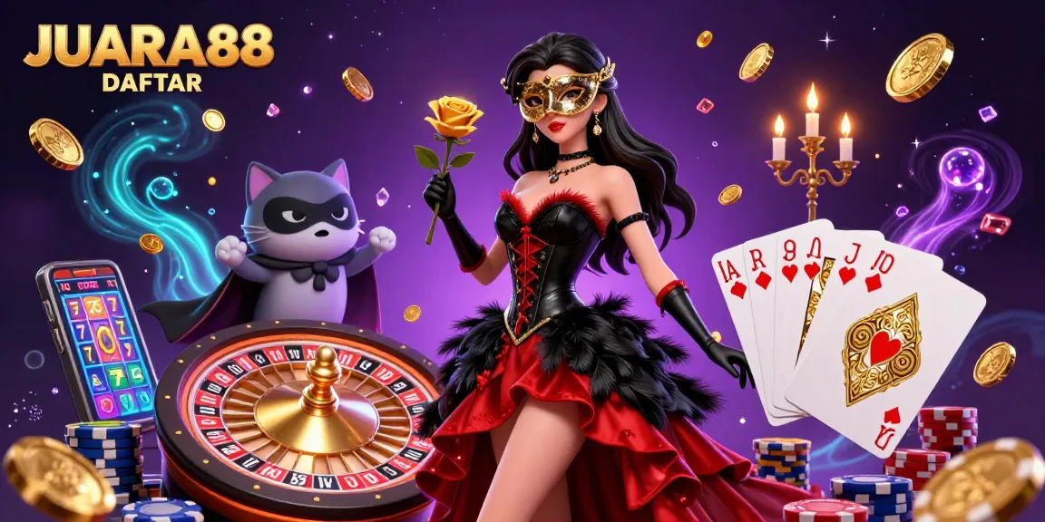 Experience the thrill of JUARA88 DAFTAR with an enchanting casino illustration featuring captivating characters and vibrant gaming elements.