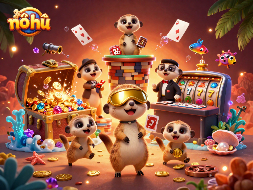 Nổ hũ experience with a vibrant 3D casino scene featuring meerkats and slot elements