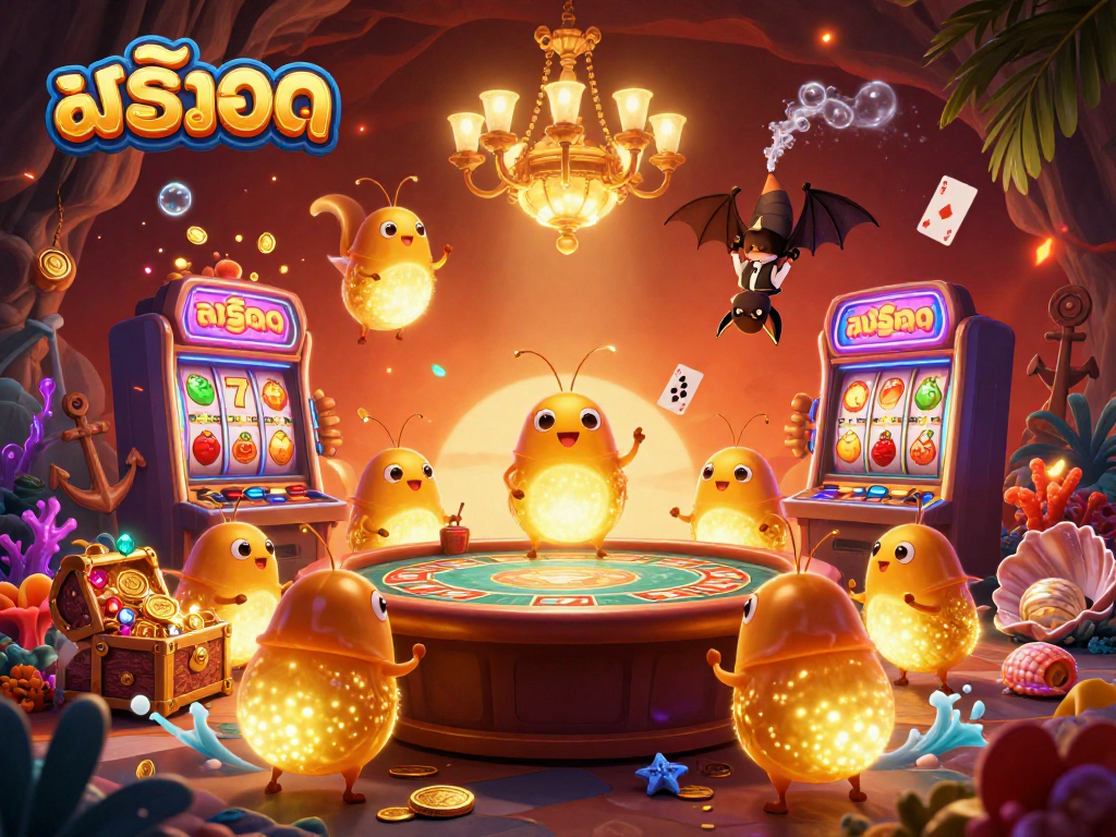 Experience สล็อต action with glowworms lighting a vibrant casino cave, featuring slot machines and bioluminescent elements.