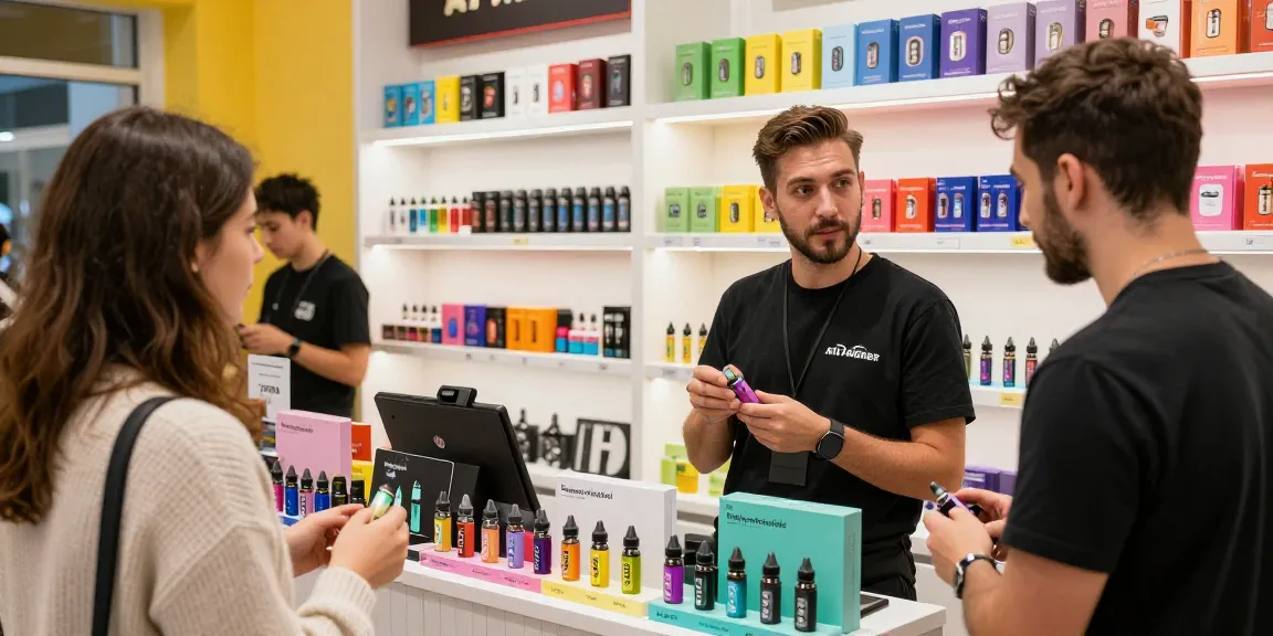 Al Fakher Doppelapfel Vape 8000 in einem lebhaften Vape-Shop mit Kunden, die verschiedene Geschmacksrichtungen erkunden.