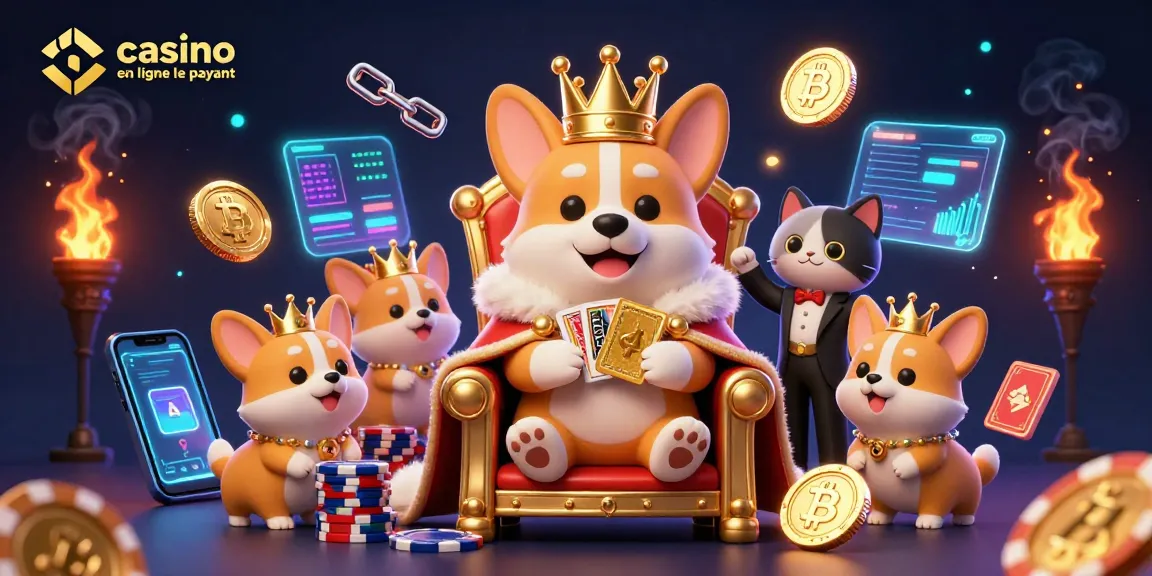 Engagez-vous avec la scène du casino en ligne le plus payant présentant un corgi royal et des éléments de jeu vibrants.