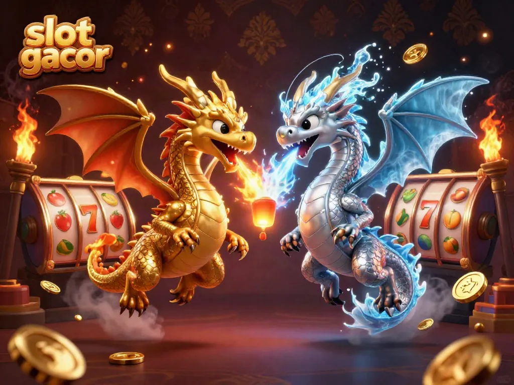 Permainan slot gacor dengan naga berwarna emas dan perak tengah bertarung di langit malam yang dikelilingi simbol buah dan jackpot.