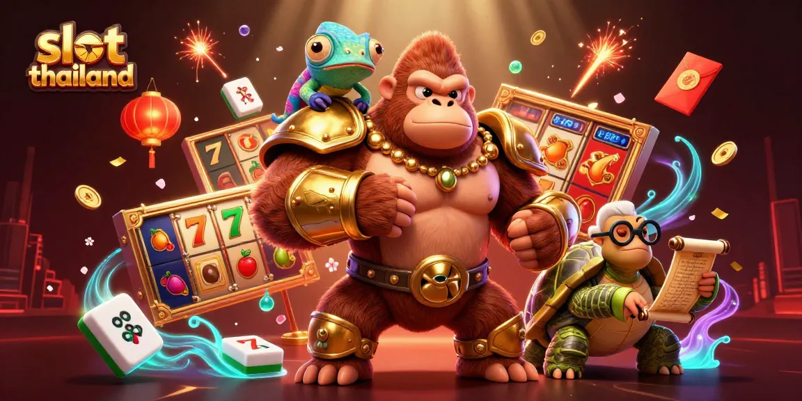 Engaging slot thailand scene with a gorilla king, chameleon companion, and tortoise holding gambling scroll amidst vibrant casino elements.
