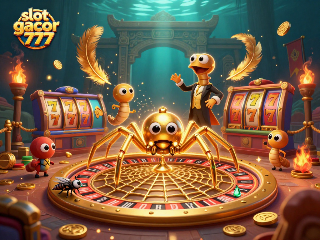 Experience the excitement of slot gacor 777 with golden webbing and captivating characters in this 3D illustration.