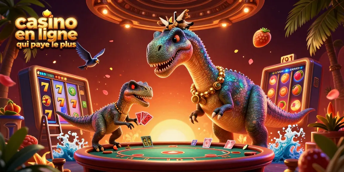 Un brontosaurus au-dessus d'une table de poker dans un casino en ligne qui paye le plus, entouré de rouleaux de machine à sous.