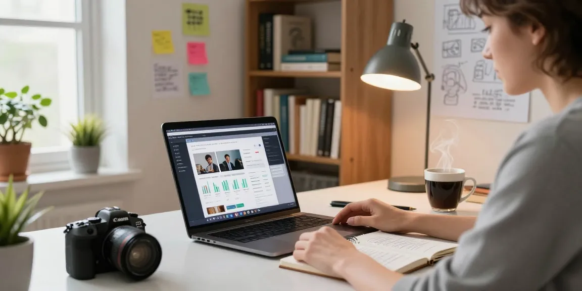 Content creator in a modern workspace focused on quality and authority blogs, surrounded by books and a laptop.