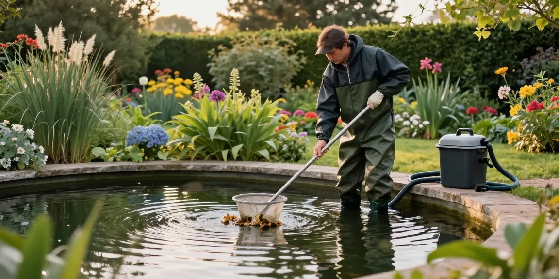 Pond Cleaning Sussex expert removing debris from a tranquil garden pond, showcasing professional pond care.