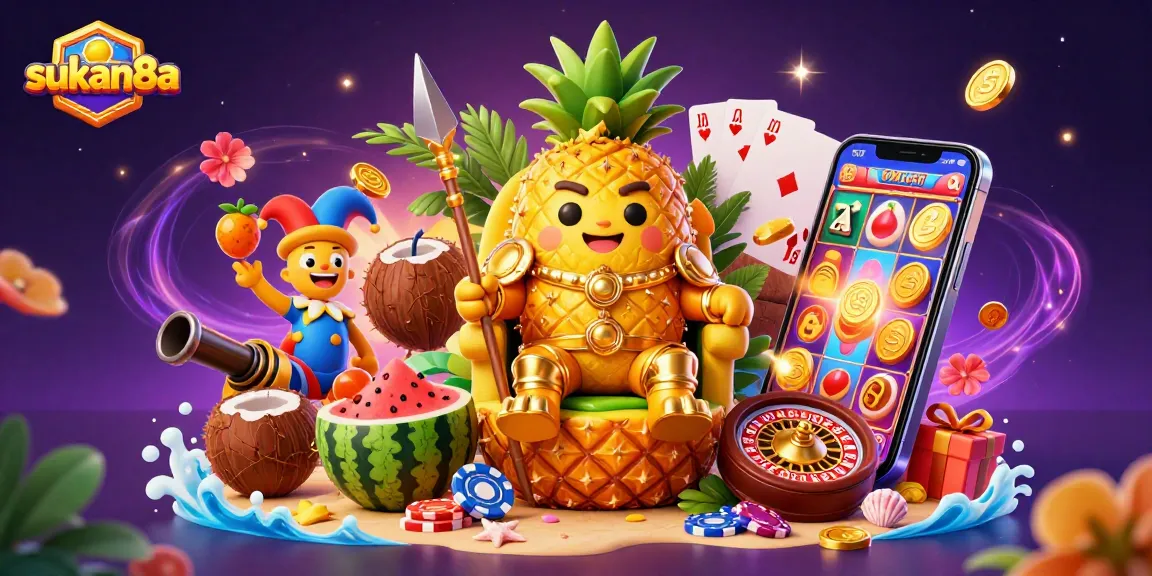 Sukan8a casino illustration featuring a golden pineapple king and juggler amidst dynamic gaming elements.
