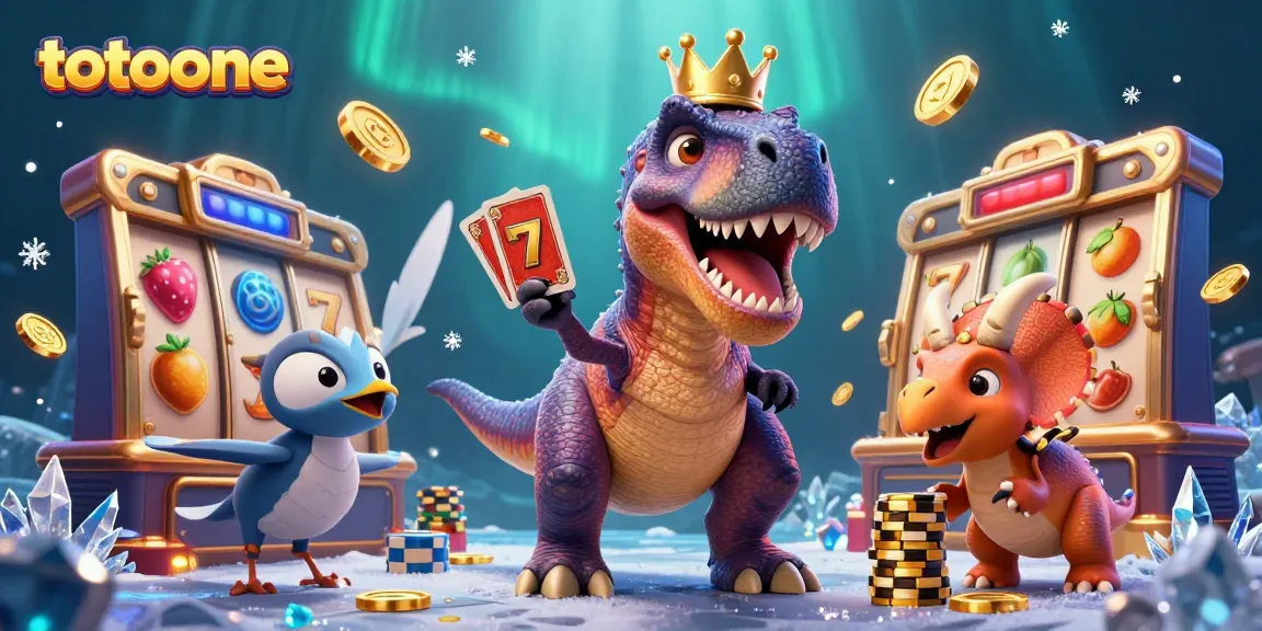 Totoone menampilkan T-Rex ramah mengocok kartu permainan slot sambil dibantu pterodactyl dan triceratops menyusun chip emas.