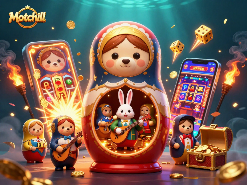 Experience thrilling wins with Motchill's vibrant casino-themed illustration depicting dynamic characters and game elements.
