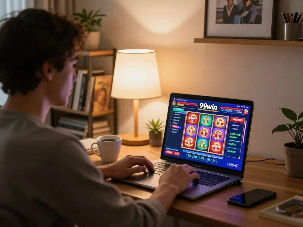 Player enjoying 99win slot games at home, highlighting a cozy online gambling experience.
