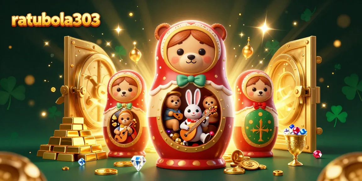 Visualisasi kasino meriah dengan ratubola303, menampilkan karakter casino dan harta berkilau.