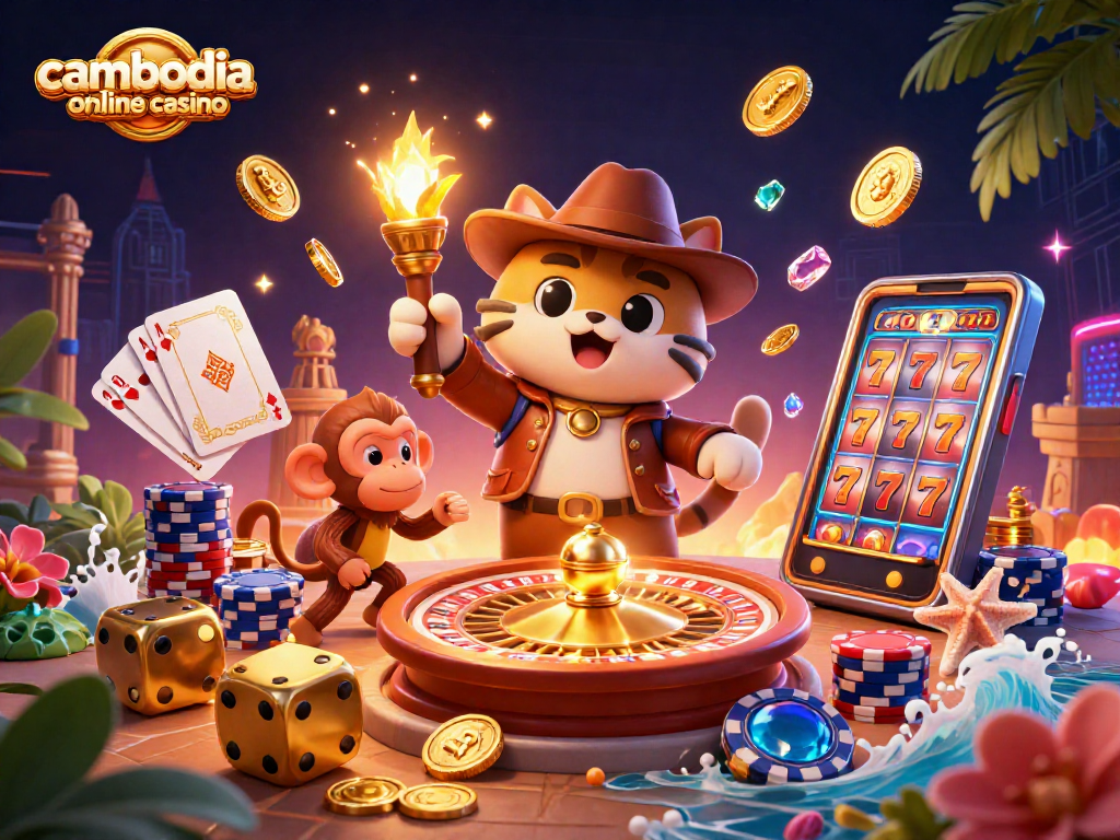 Experience the excitement of cambodia online casino with a vibrant 3D illustration of a cat explorer discovering treasures.