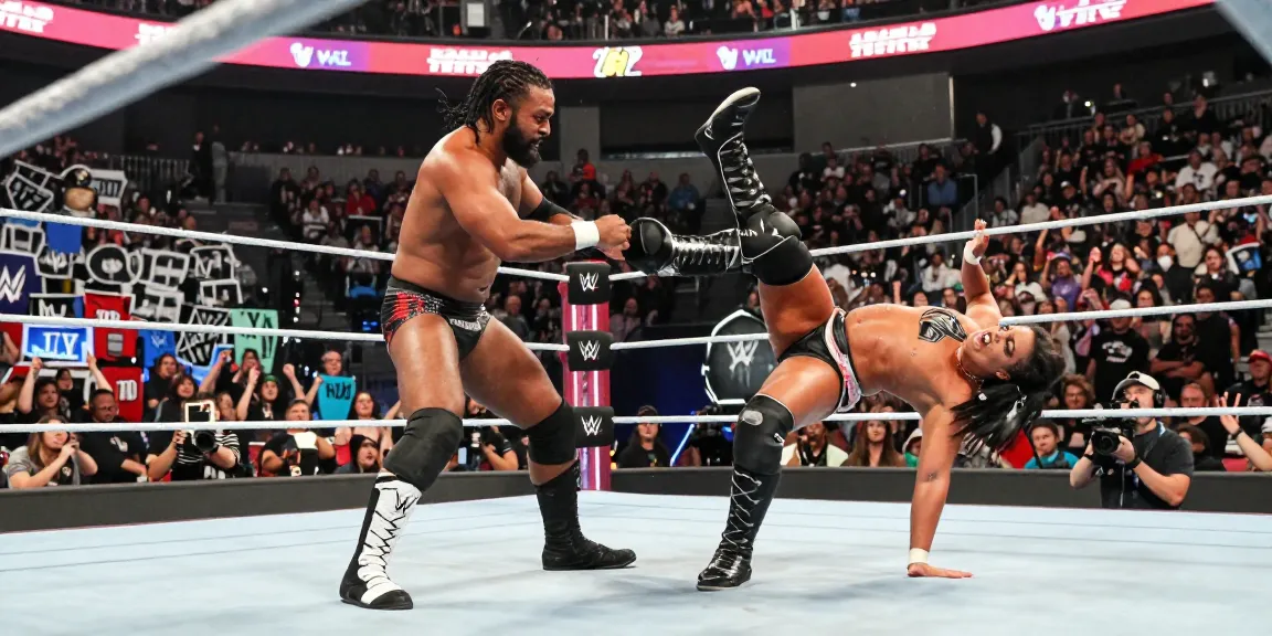 Xavier Woods and Paige soaring in an exciting wrestling match showcasing high-energy moves and vibrant crowd engagement