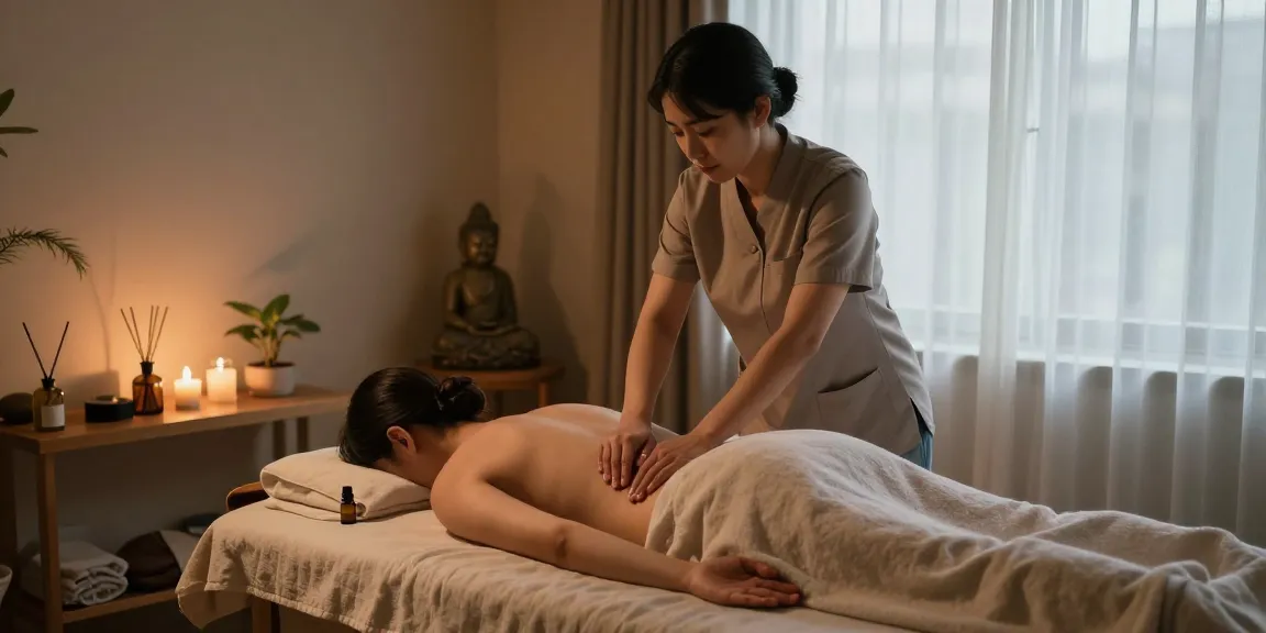성수동출장안마을 받는 고객과 전문 마사지사의 편안한 마사지 치료 장면
